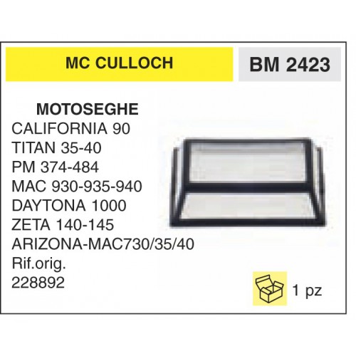 Filtro Aria Motoseghe McCulloch CALIFORNIA 90 TITAN 35-40 PM 374-484 MAC 930-935