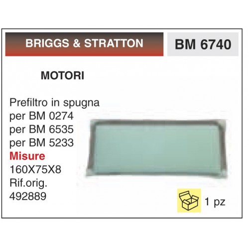 Filtro Aria Motori BRIGGS &amp; STRATTON Prefiltro in spugna per BM 0274 per BM 6535