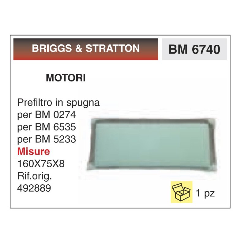 Filtro Aria Motori BRIGGS & STRATTON Prefiltro in spugna per BM 0274 per BM 6535