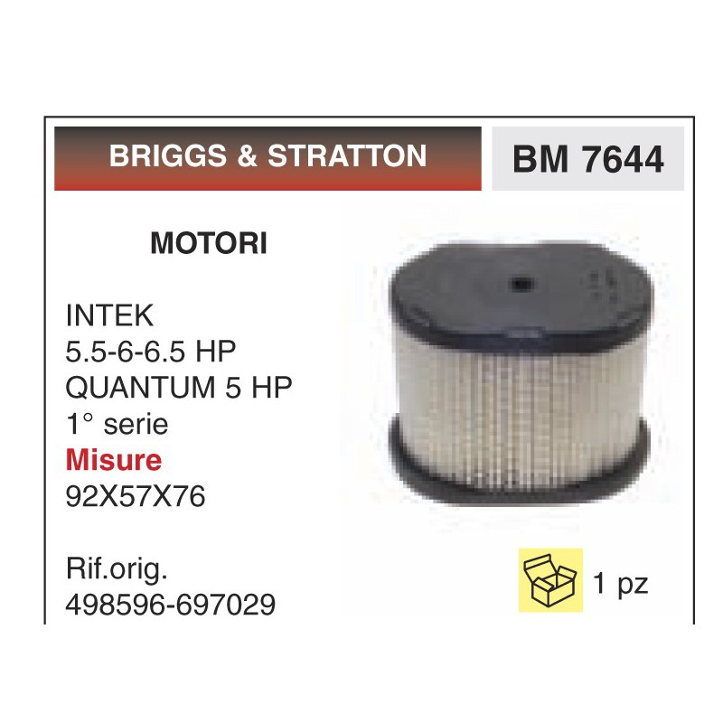 498596 FILTRO ARIA BRIGGS & STRATTON INTEK 5.5 6 6.5 HP QUANTUM 5 HP 92x57x76 