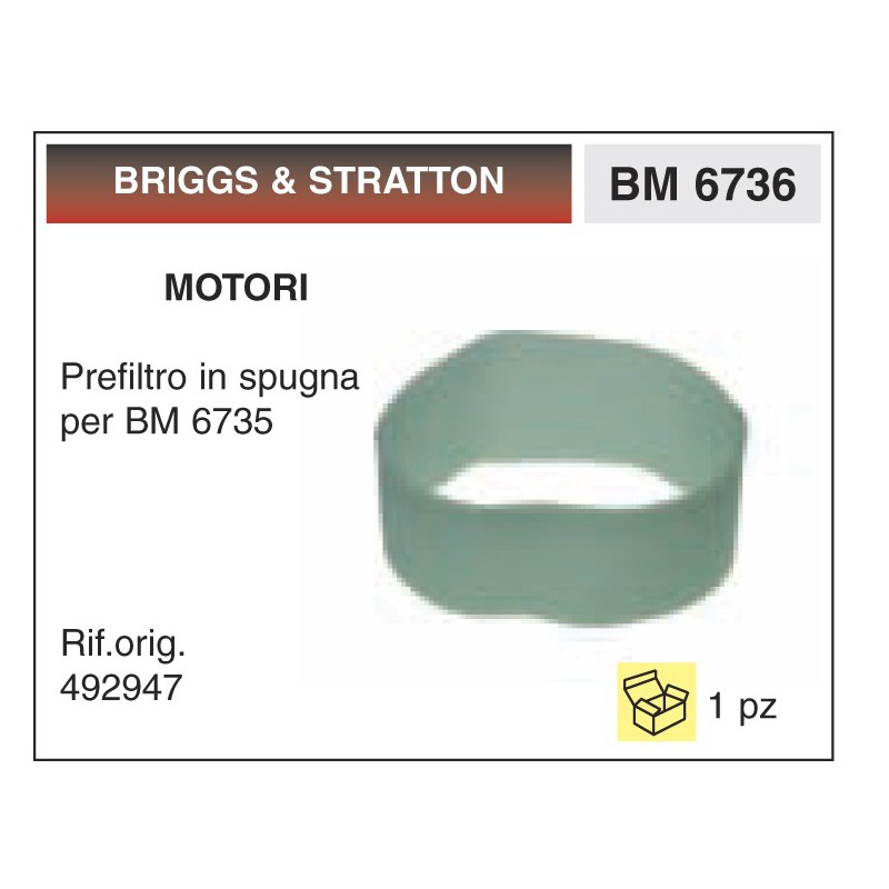 Filtro Aria Motori BRIGGS & STRATTON Prefiltro in spugna per BM 6735